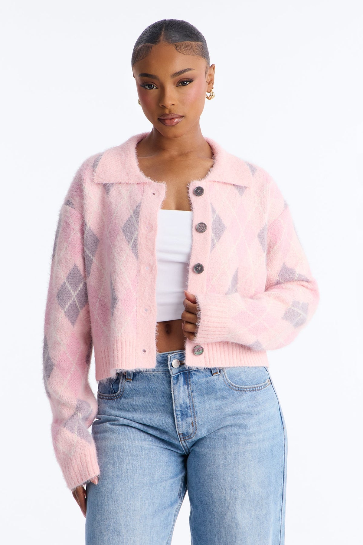 Booked And Busy Collared Argyle Cardigan Sweater