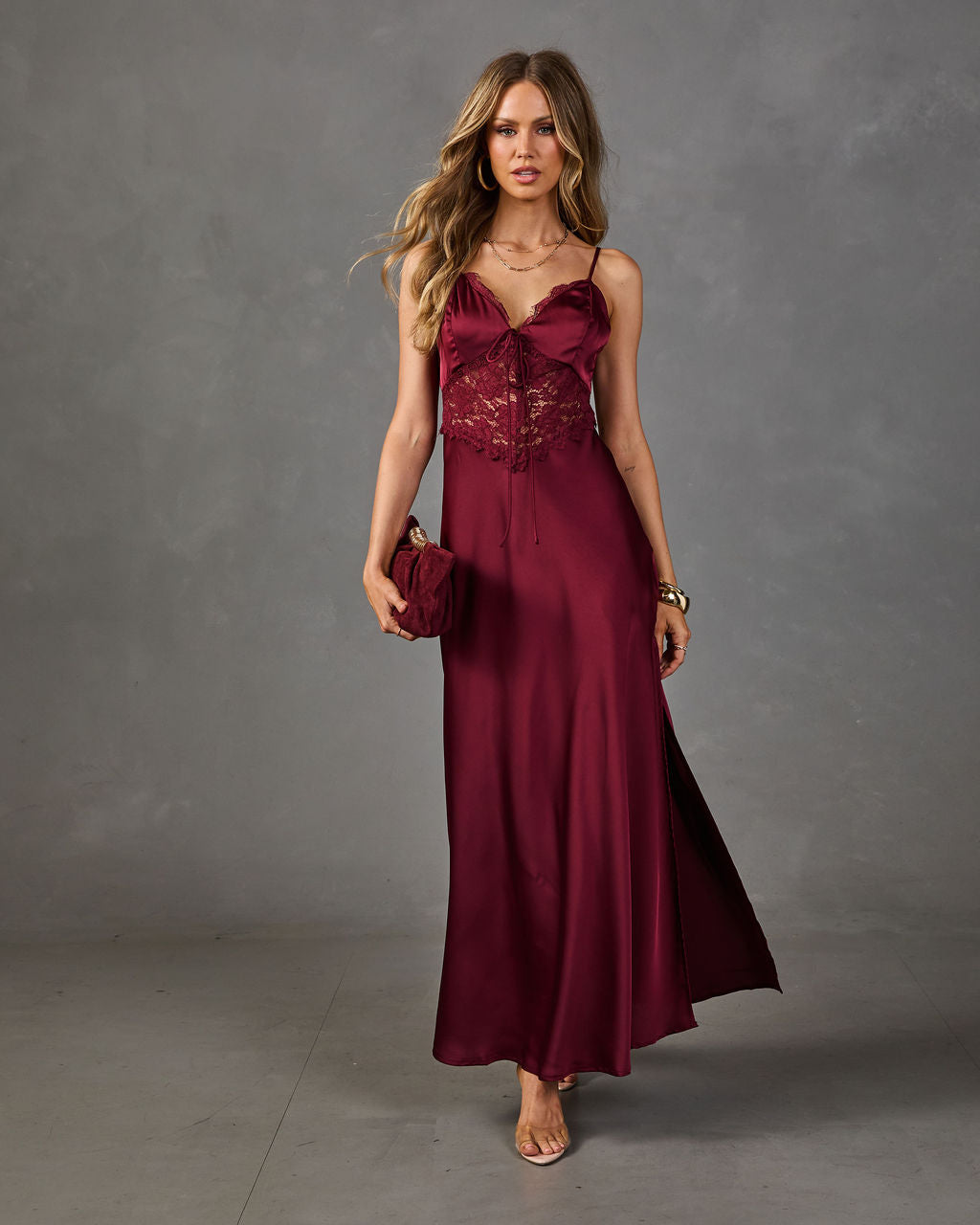 Amour Affair Satin Lace Maxi Dress