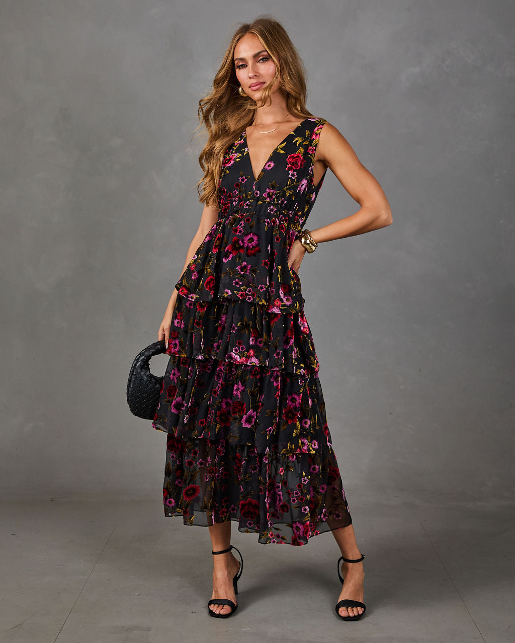 Roaming Rose Tiered Mesh Flocked Velvet Floral Maxi Dress