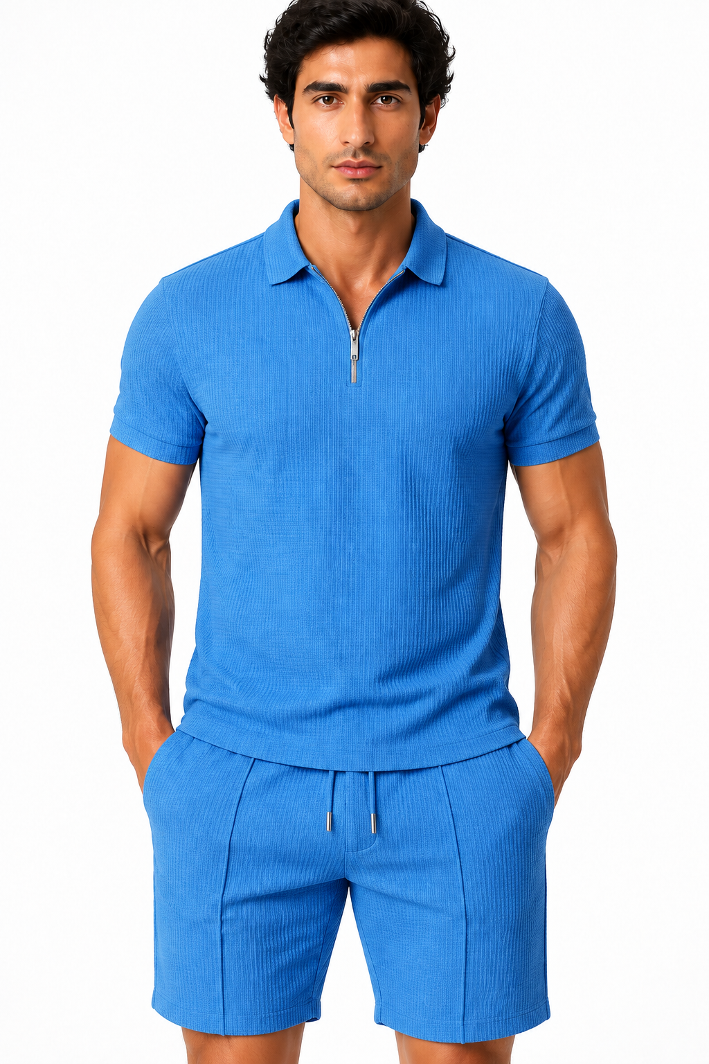 Men's Polo Shorts Set Waffle Knit Half Zip | Glitz & Fashion