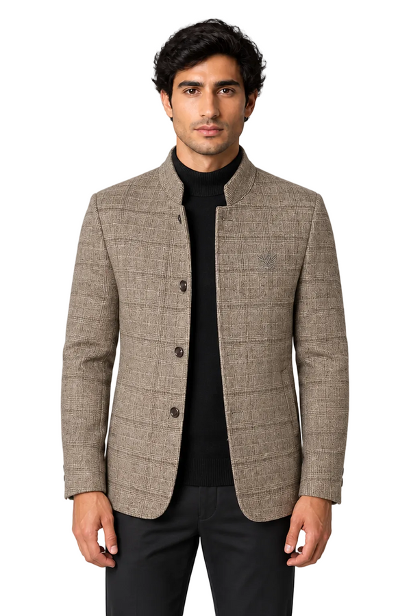 Men's Wool-Blend Jacket Checked Pattern Stand Collar | Glitz & Fashion