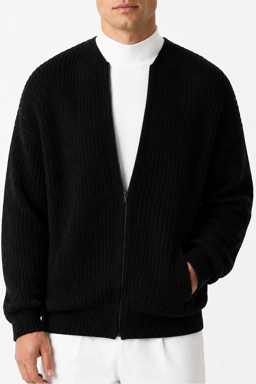 Men's Zip Cardigan Waffle Knit Funnel Neck | Glitz & Fashion
