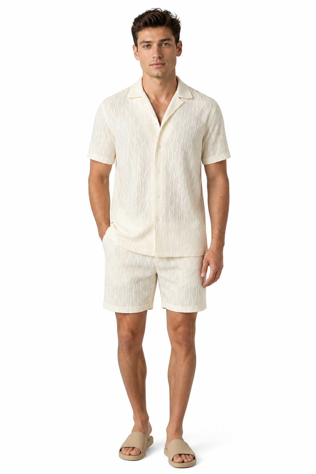 Men's Shorts Set Textured Fabric Camp Collar | Glitz & Fashion
