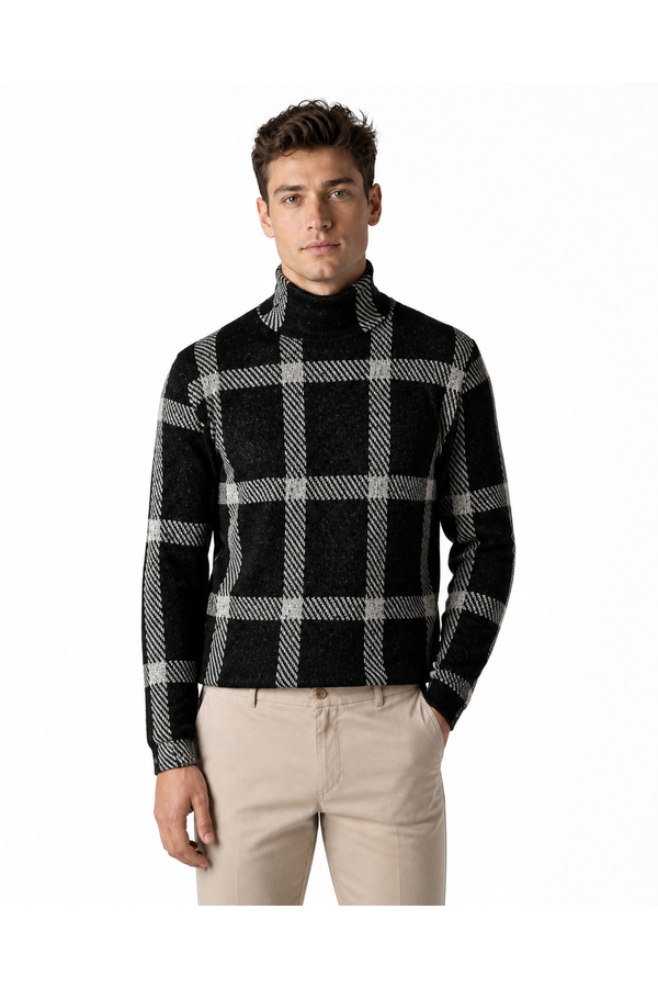 Men's Turtleneck Sweater Checkered Knit Warm Finish | Glitz & Fashion