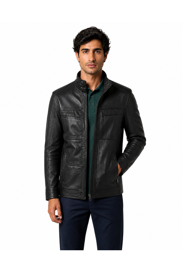 Men's Leather Jacket Oblique Zip Structured Fit | Glitz & Fashion