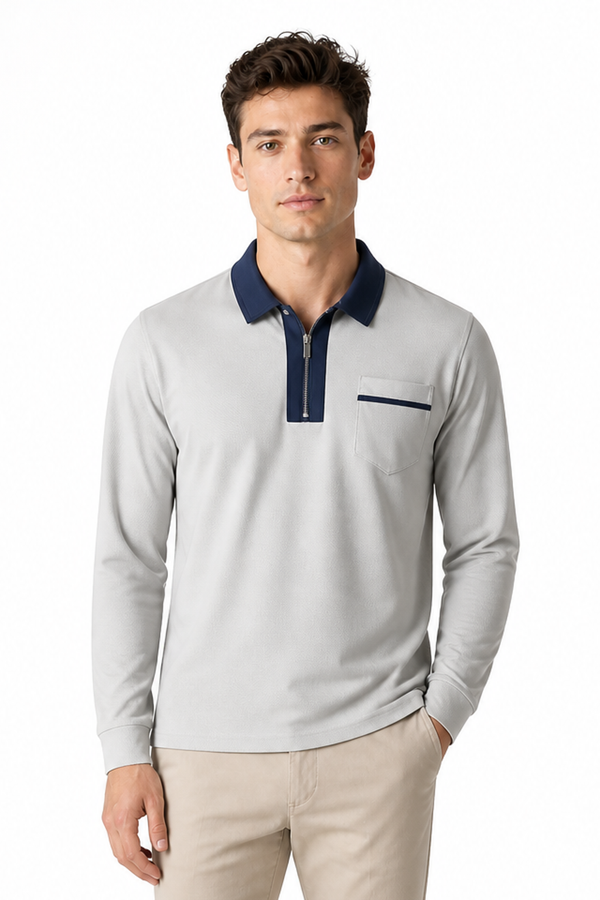 Men's Polo Shirt Contrast Collar Full Zip | Glitz & Fashion