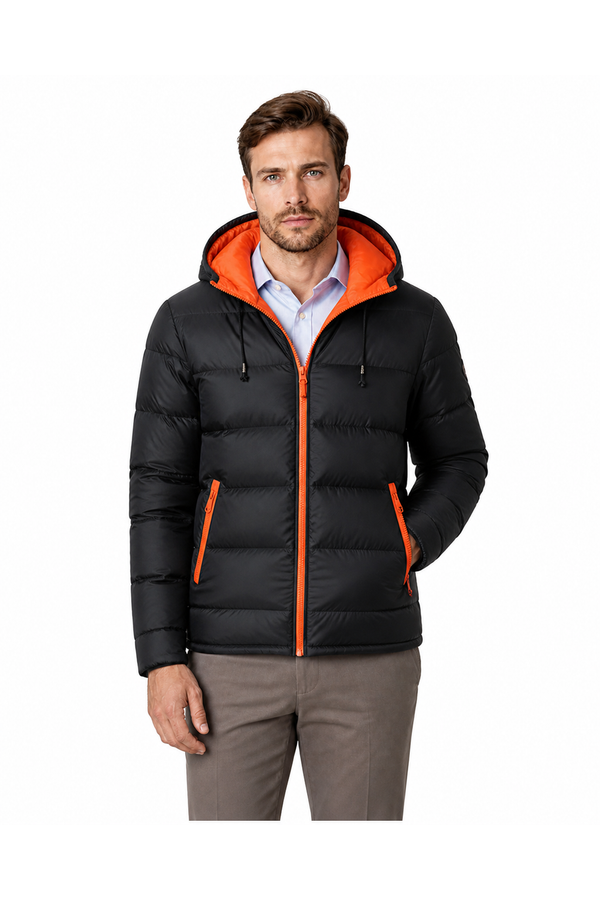 Men's Puffer Jacket Colorblock Design Protective Hood | Glitz & Fashion