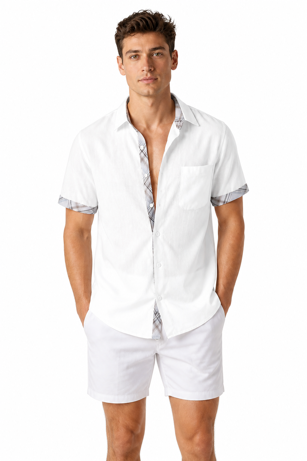 Men's Shirt Plaid Trim Short Sleeves | Glitz & Fashion