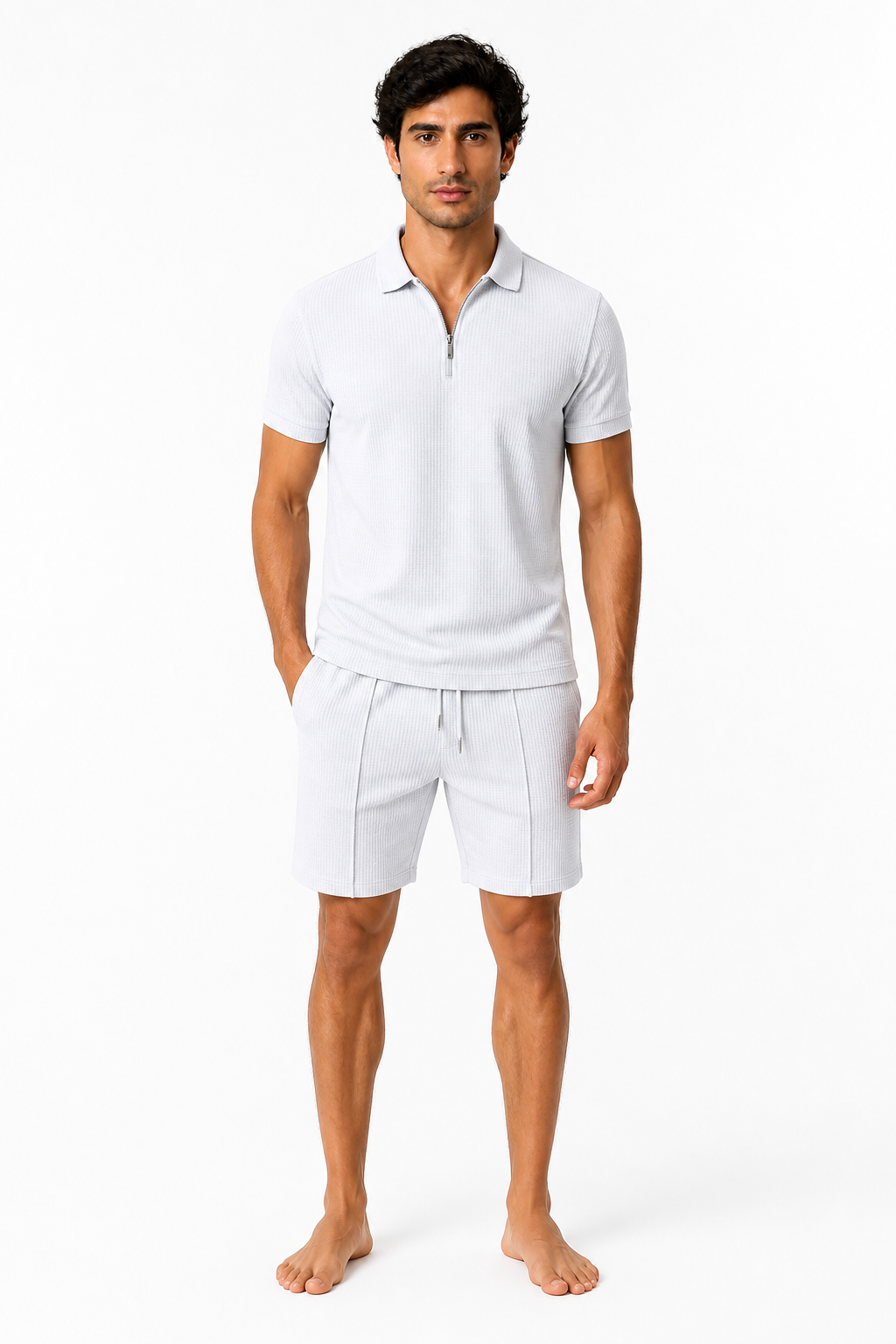 Men's Polo Shorts Set Waffle Knit Half Zip | Glitz & Fashion