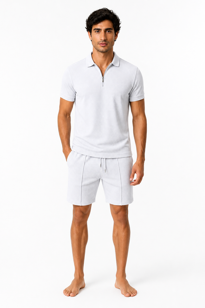 Men's Polo Shorts Set Waffle Knit Half Zip | Glitz & Fashion