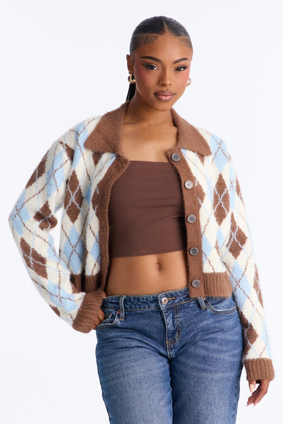 Booked And Busy Collared Argyle Cardigan Sweater