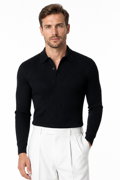 Men's Knit Polo Ribbed Texture Long Sleeves | Glitz & Fashion