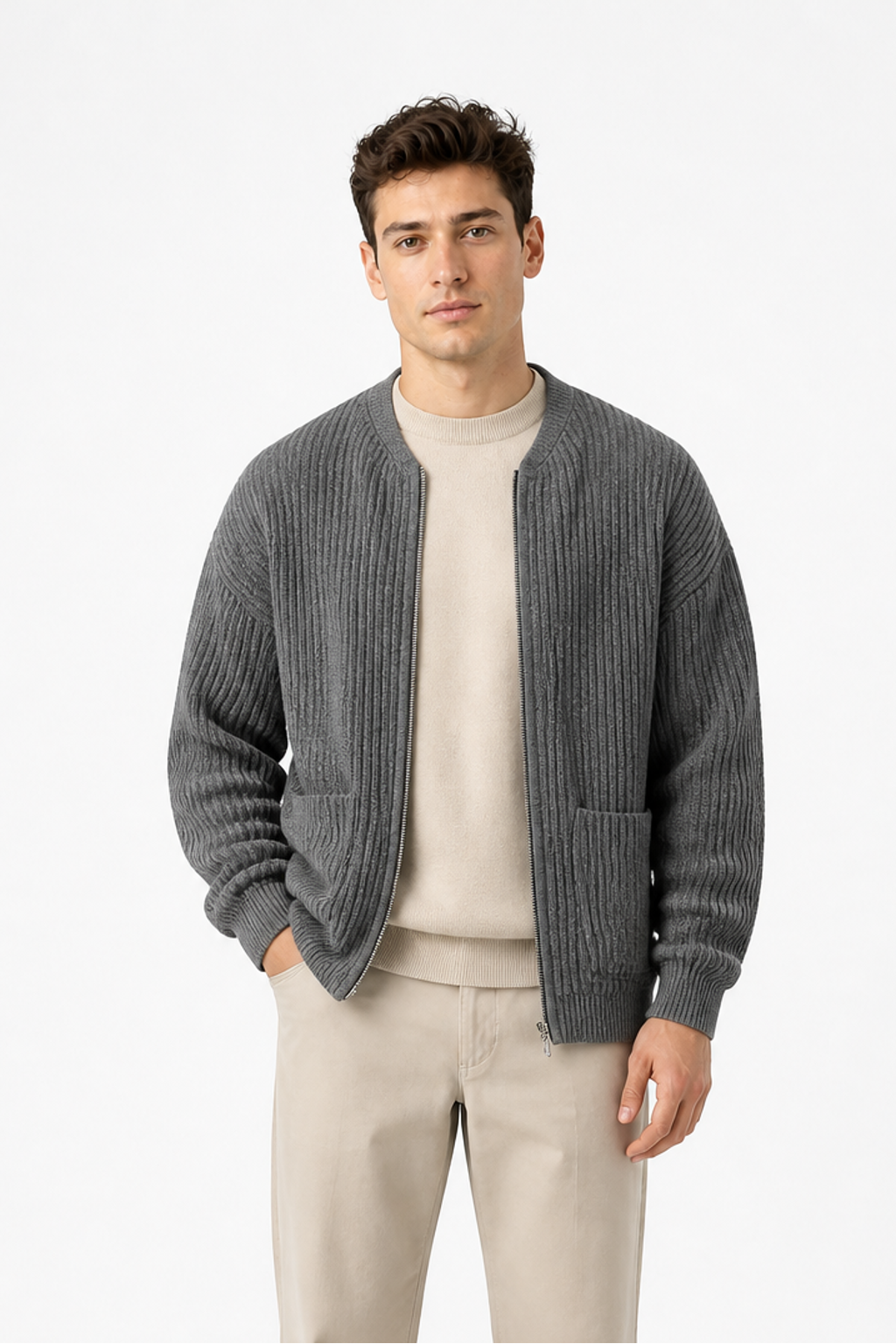 Men's Zip Cardigan Waffle Knit Funnel Neck | Glitz & Fashion