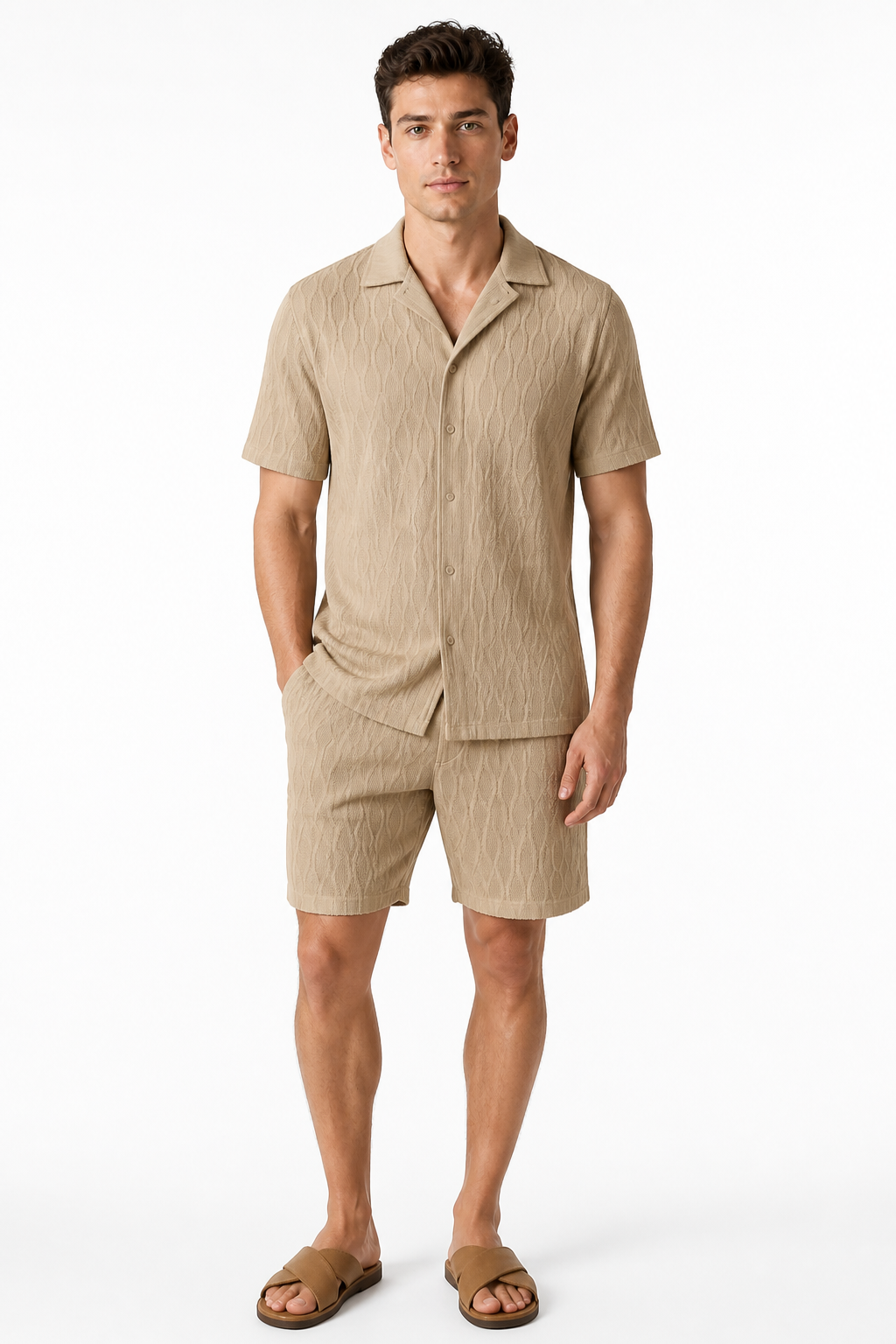 Men's Shorts Set Textured Fabric Camp Collar | Glitz & Fashion