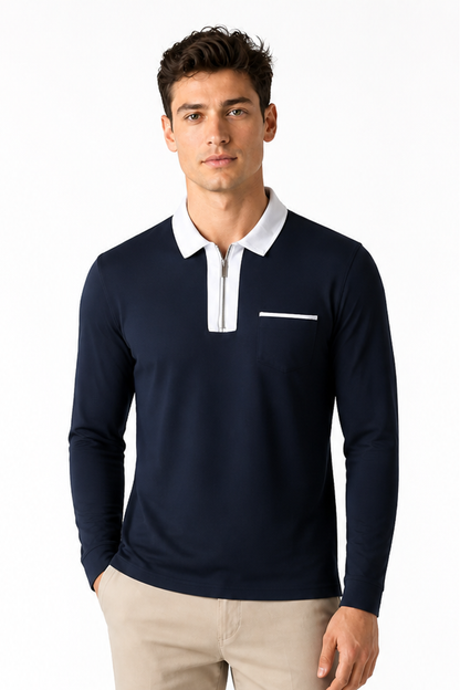 Men's Polo Shirt Contrast Collar Full Zip | Glitz & Fashion