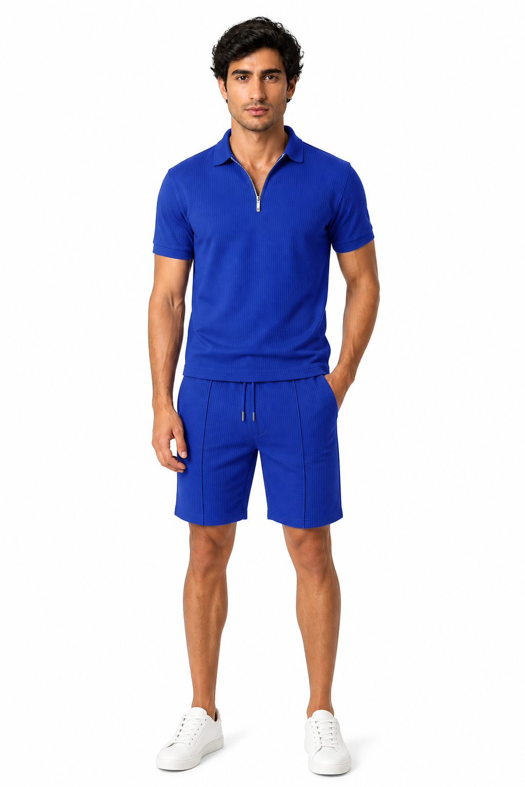 Men's Polo Shorts Set Waffle Knit Half Zip | Glitz & Fashion