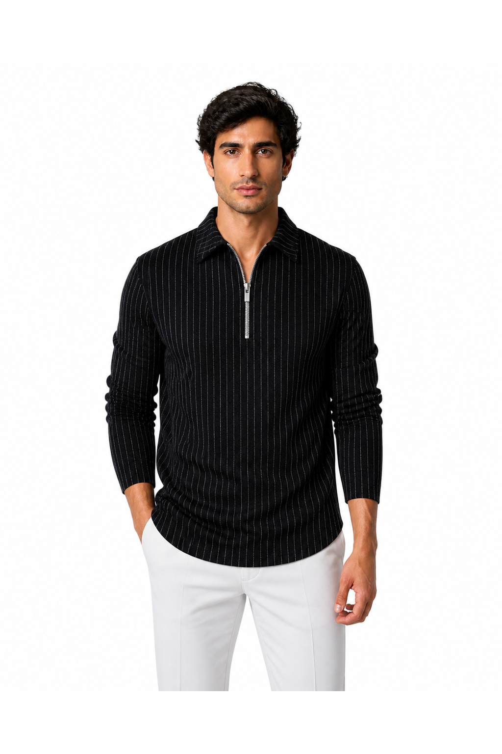 Men's Polo Sweater Striped Knit Half Zip | Glitz & Fashion