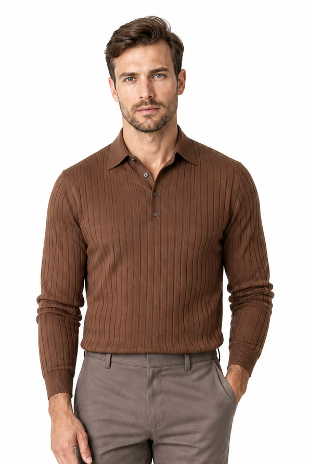 Men's Knit Polo Ribbed Texture Long Sleeves | Glitz & Fashion