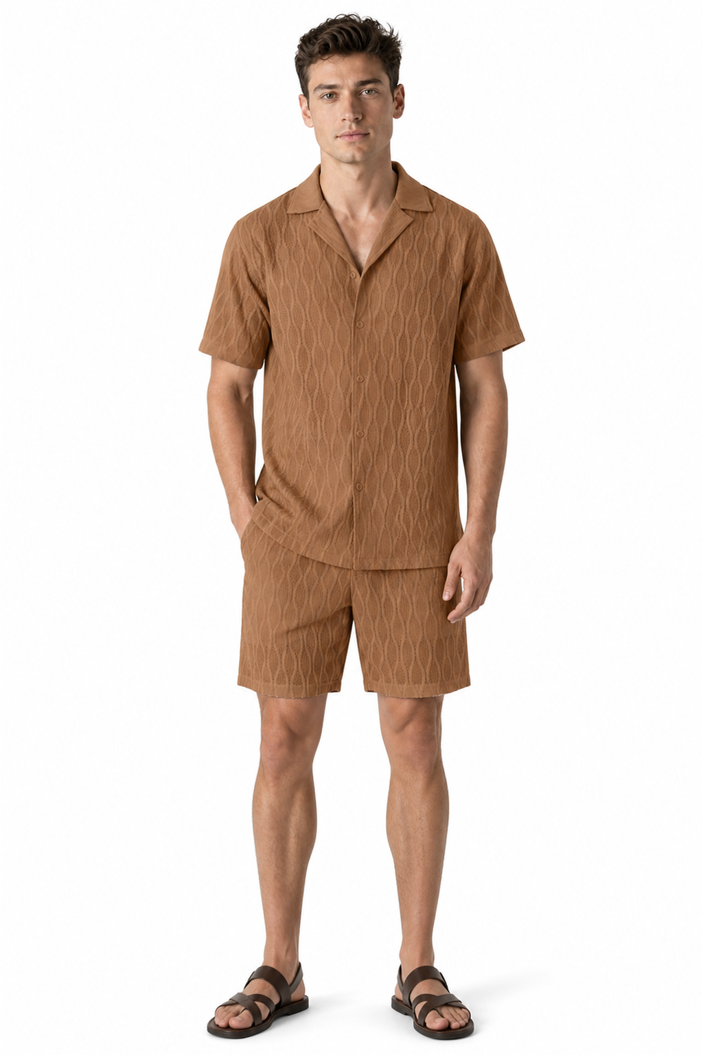 Men's Shorts Set Textured Fabric Camp Collar | Glitz & Fashion