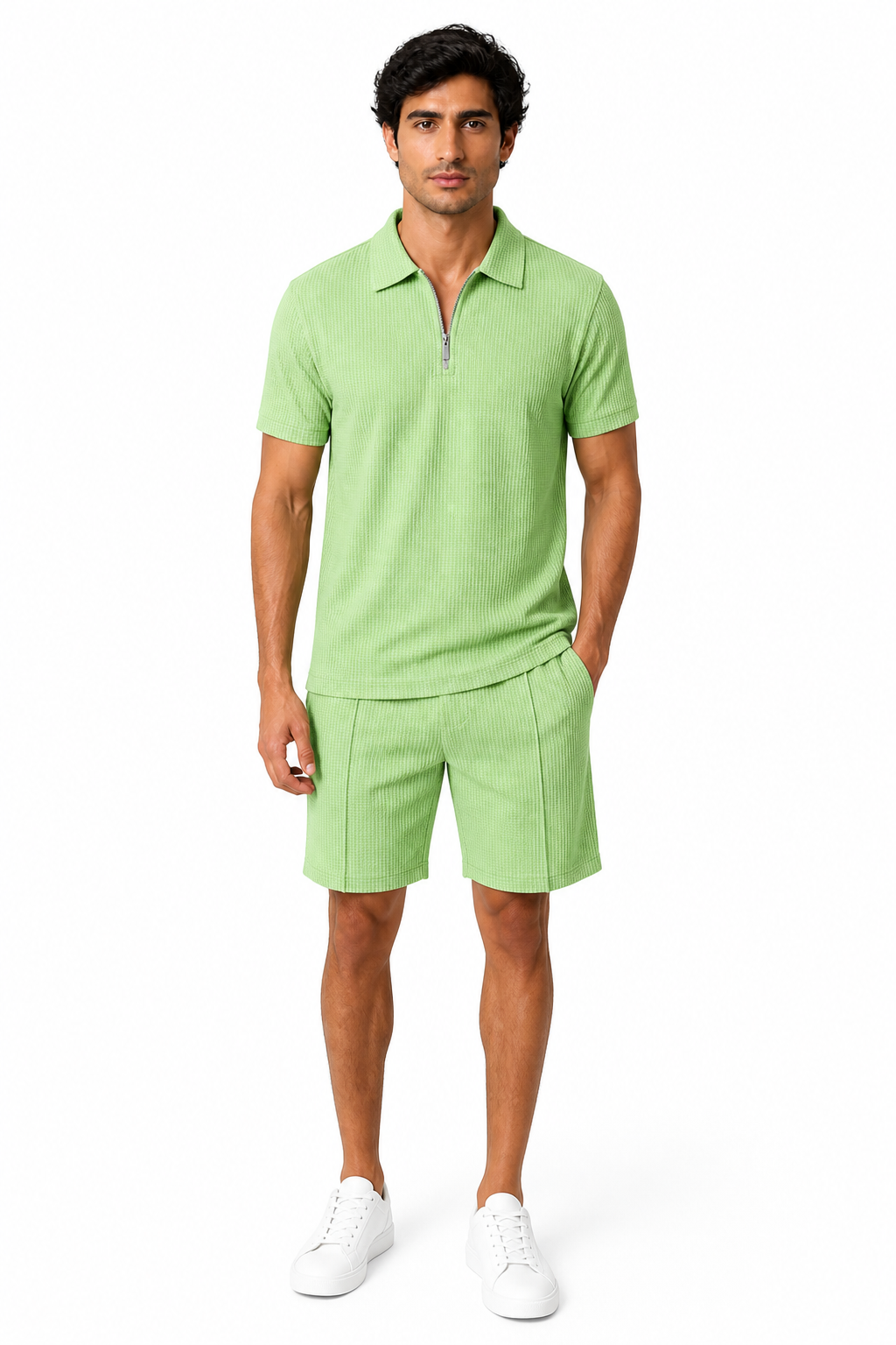Men's Polo Shorts Set Waffle Knit Half Zip | Glitz & Fashion