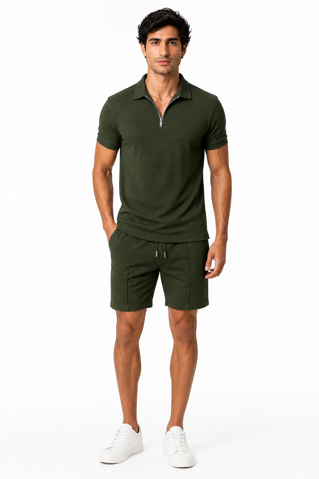 Men's Polo Shorts Set Waffle Knit Half Zip | Glitz & Fashion