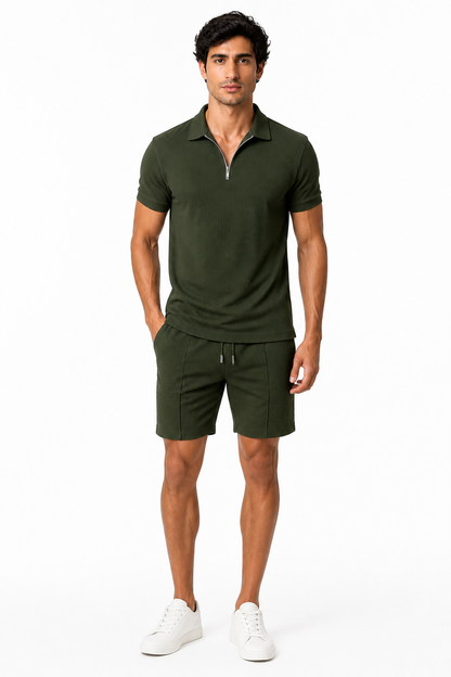 Men's Polo Shorts Set Waffle Knit Half Zip | Glitz & Fashion