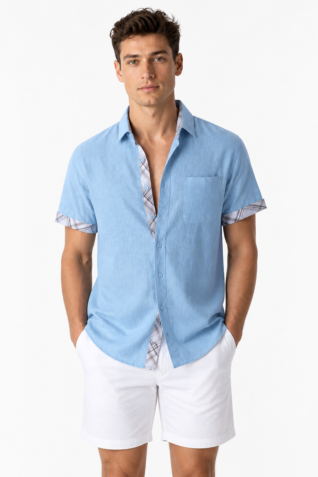 Men's Shirt Plaid Trim Short Sleeves | Glitz & Fashion