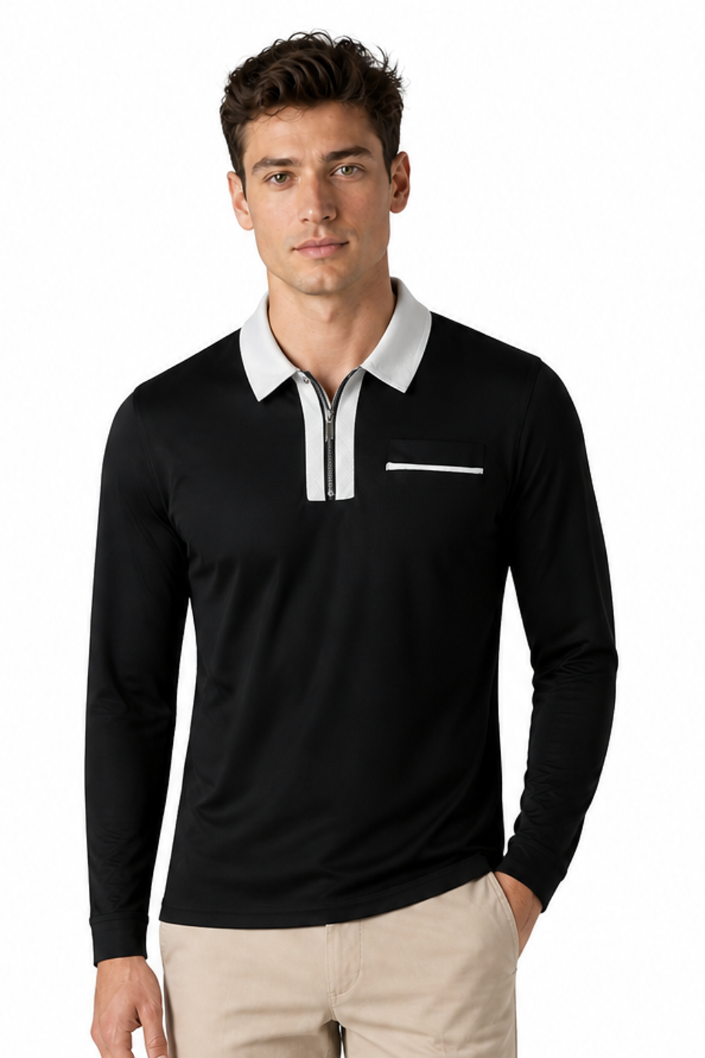 Men's Polo Shirt Contrast Collar Full Zip | Glitz & Fashion