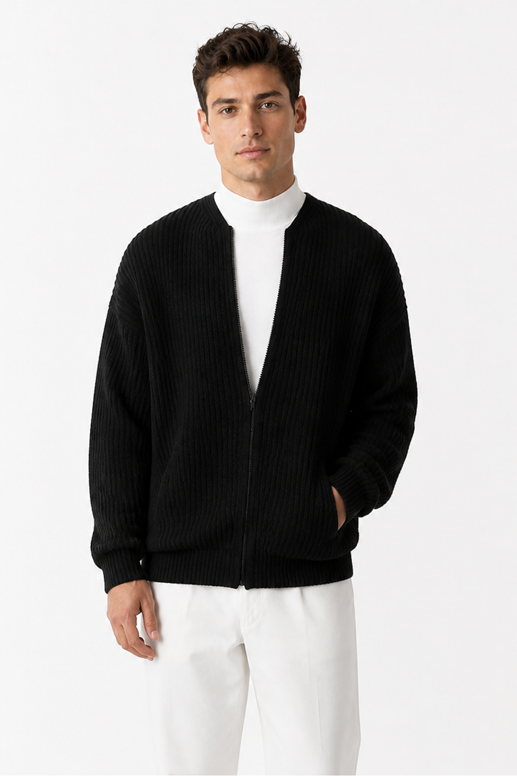 Men's Zip Cardigan Waffle Knit Funnel Neck | Glitz & Fashion
