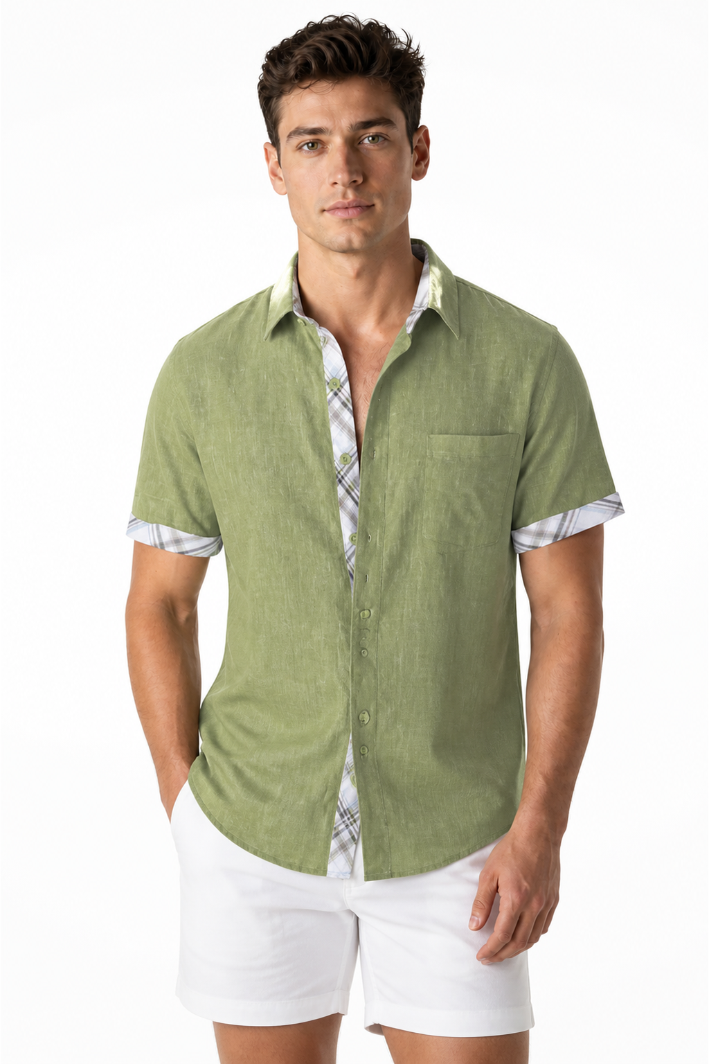 Men's Shirt Plaid Trim Short Sleeves | Glitz & Fashion