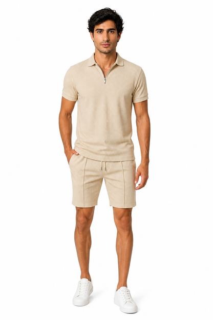 Men's Polo Shorts Set Waffle Knit Half Zip | Glitz & Fashion