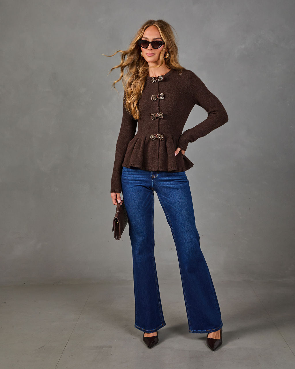 Dani Knit Bow Accent Peplum Sweater