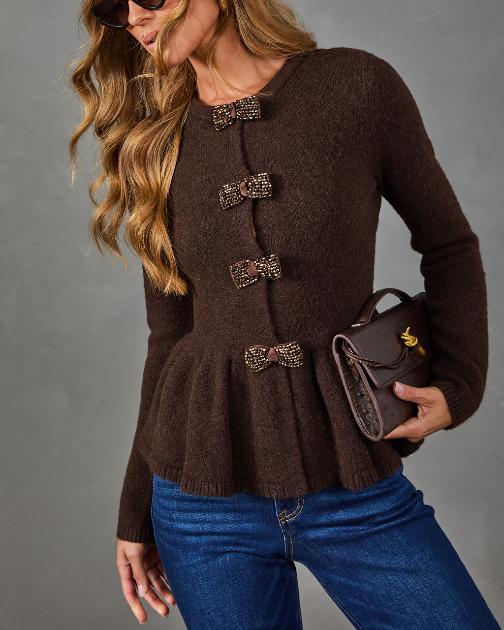 Dani Knit Bow Accent Peplum Sweater