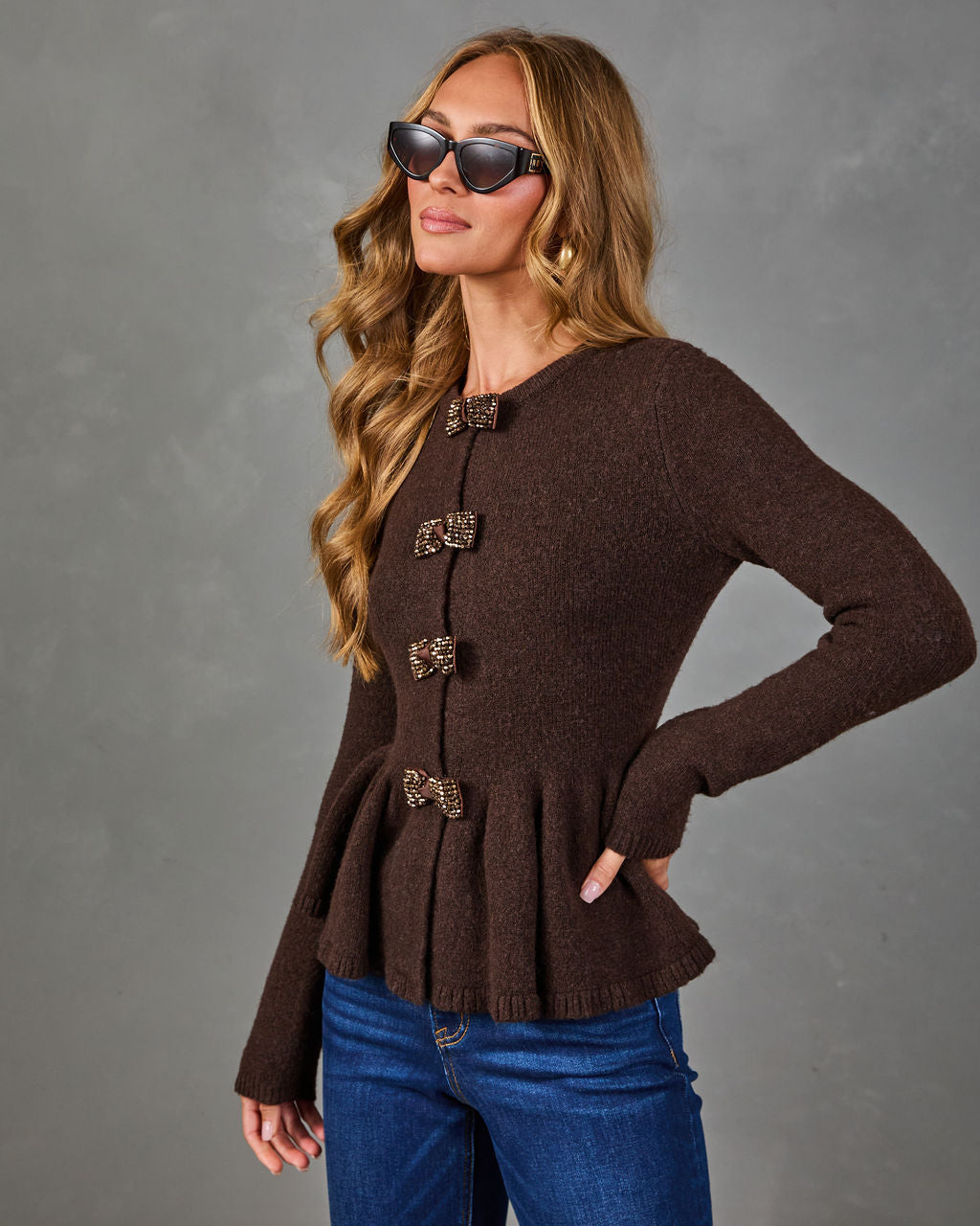 Dani Knit Bow Accent Peplum Sweater