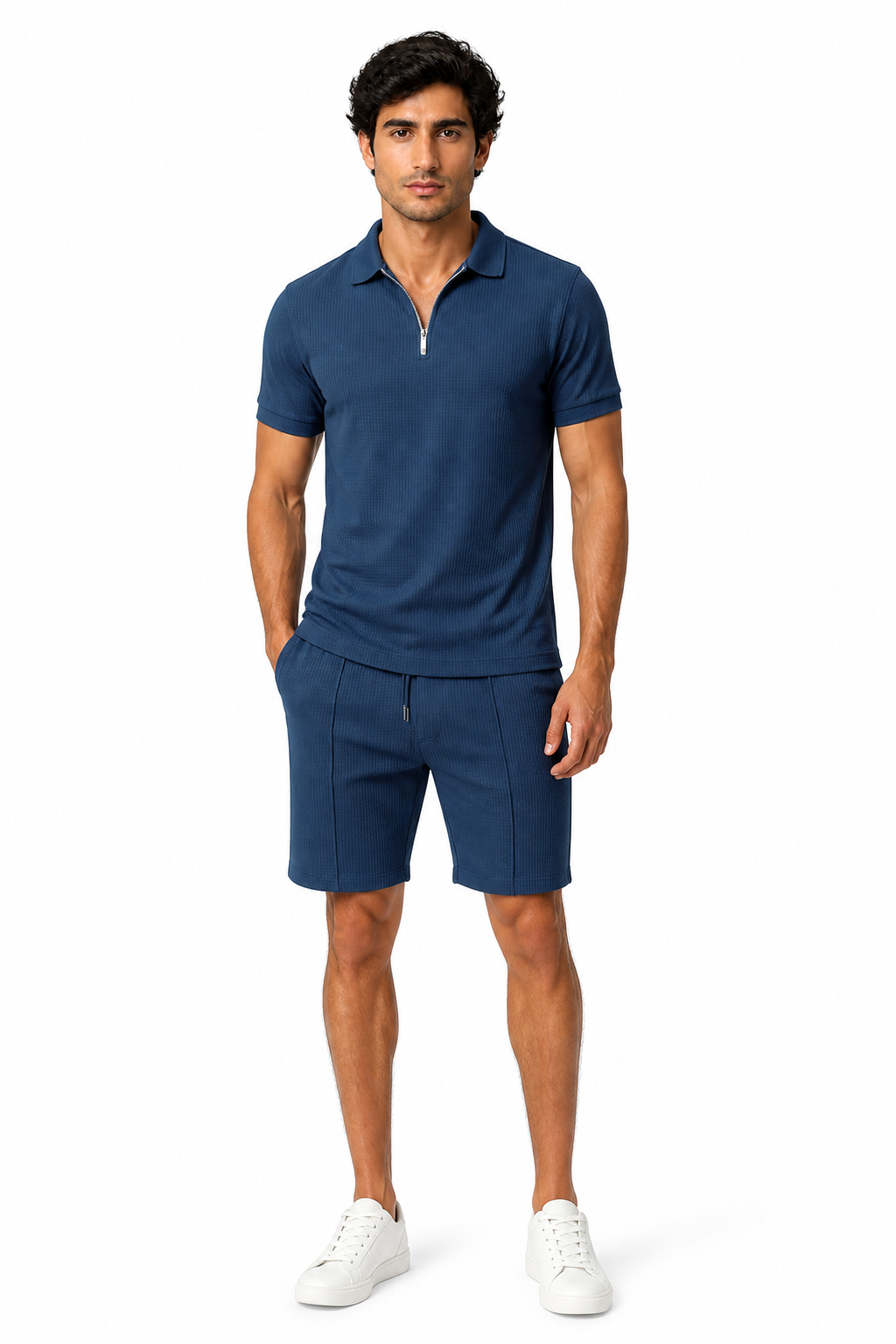 Men's Polo Shorts Set Waffle Knit Half Zip | Glitz & Fashion