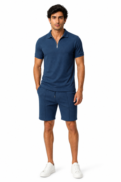 Men's Polo Shorts Set Waffle Knit Half Zip | Glitz & Fashion