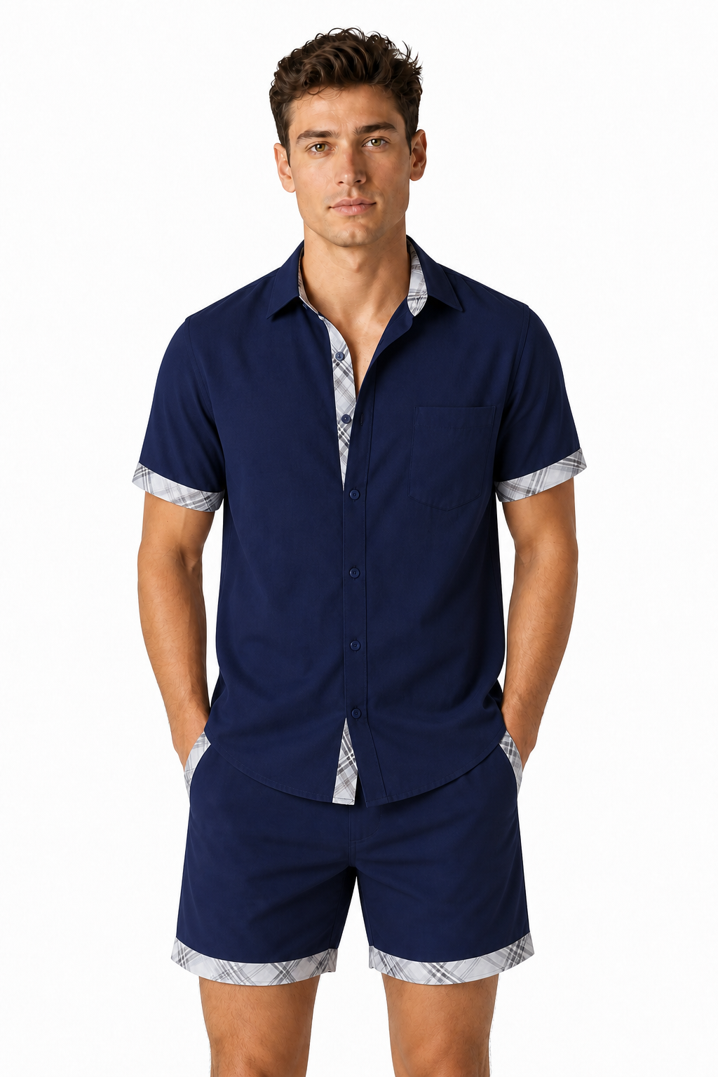 Men's Shirt Plaid Trim Short Sleeves | Glitz & Fashion