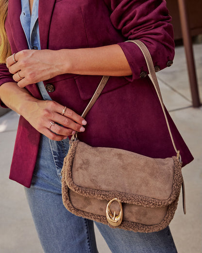 Eva Faux Suede Shearling Trim Shoulder Bag