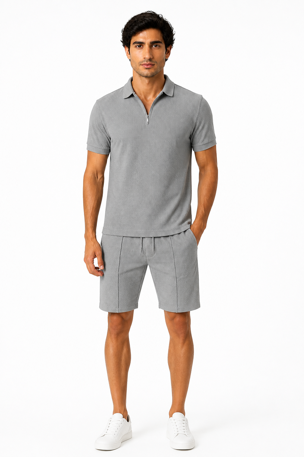 Men's Polo Shorts Set Waffle Knit Half Zip | Glitz & Fashion