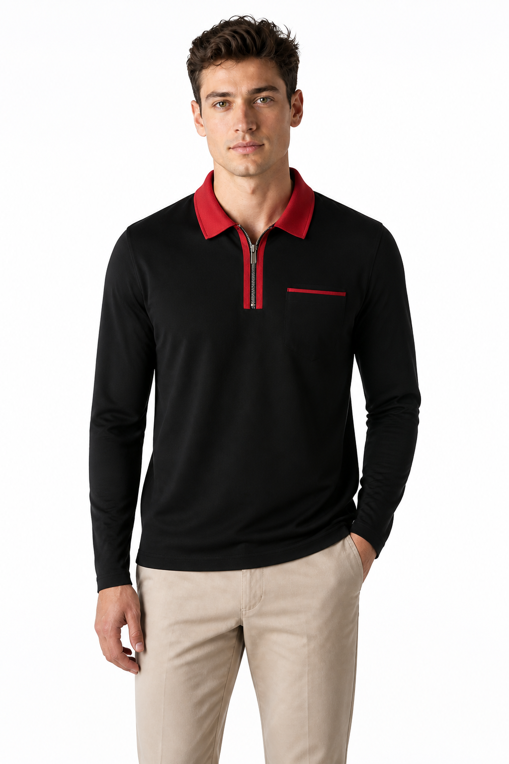 Men's Polo Shirt Contrast Collar Full Zip | Glitz & Fashion