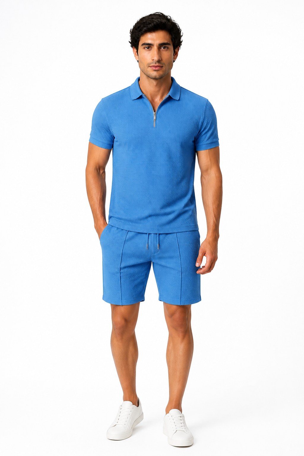 Men's Polo Shorts Set Waffle Knit Half Zip | Glitz & Fashion