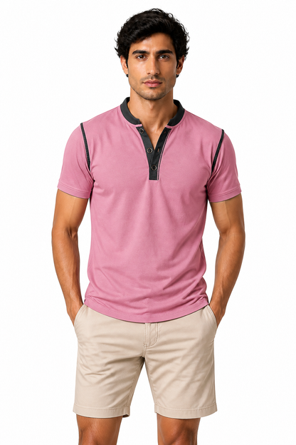 Men's Henley Shirt Contrast Trim Short Sleeves | Glitz & Fashion