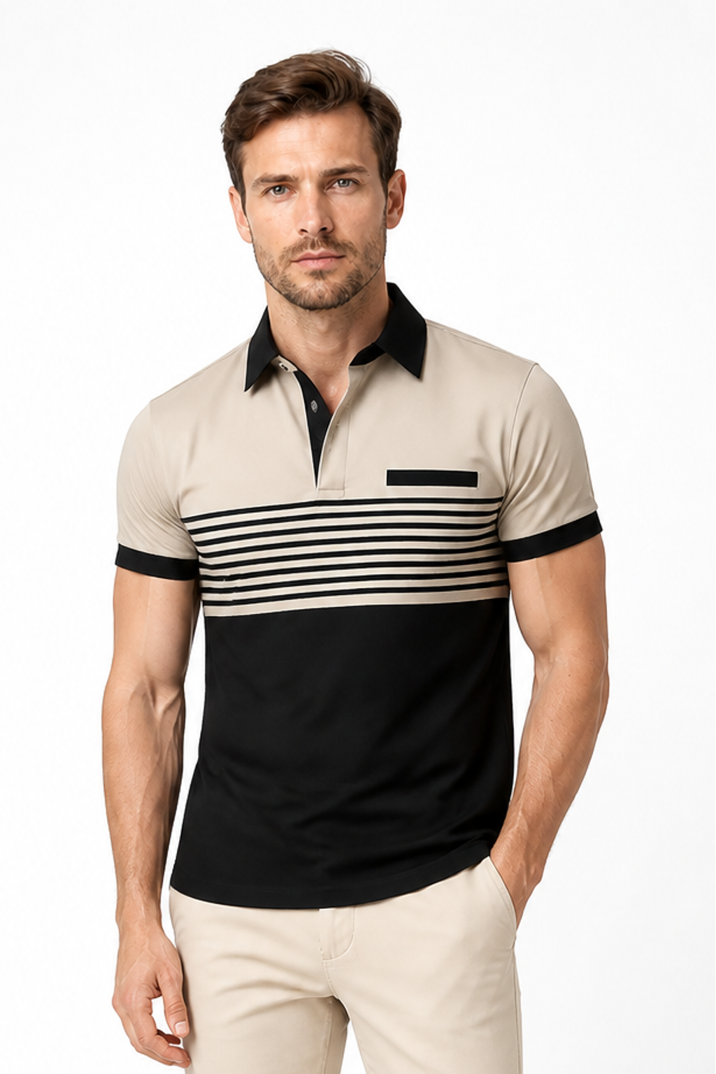Men's Polo Shirt Striped Design Chest Pocket | Glitz & Fashion