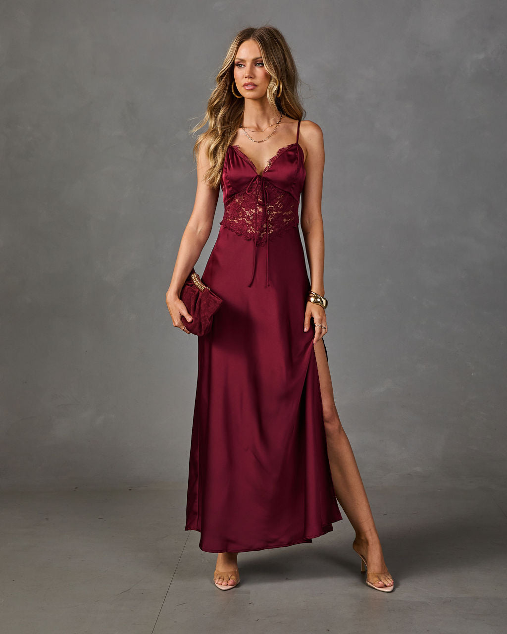 Amour Affair Satin Lace Maxi Dress