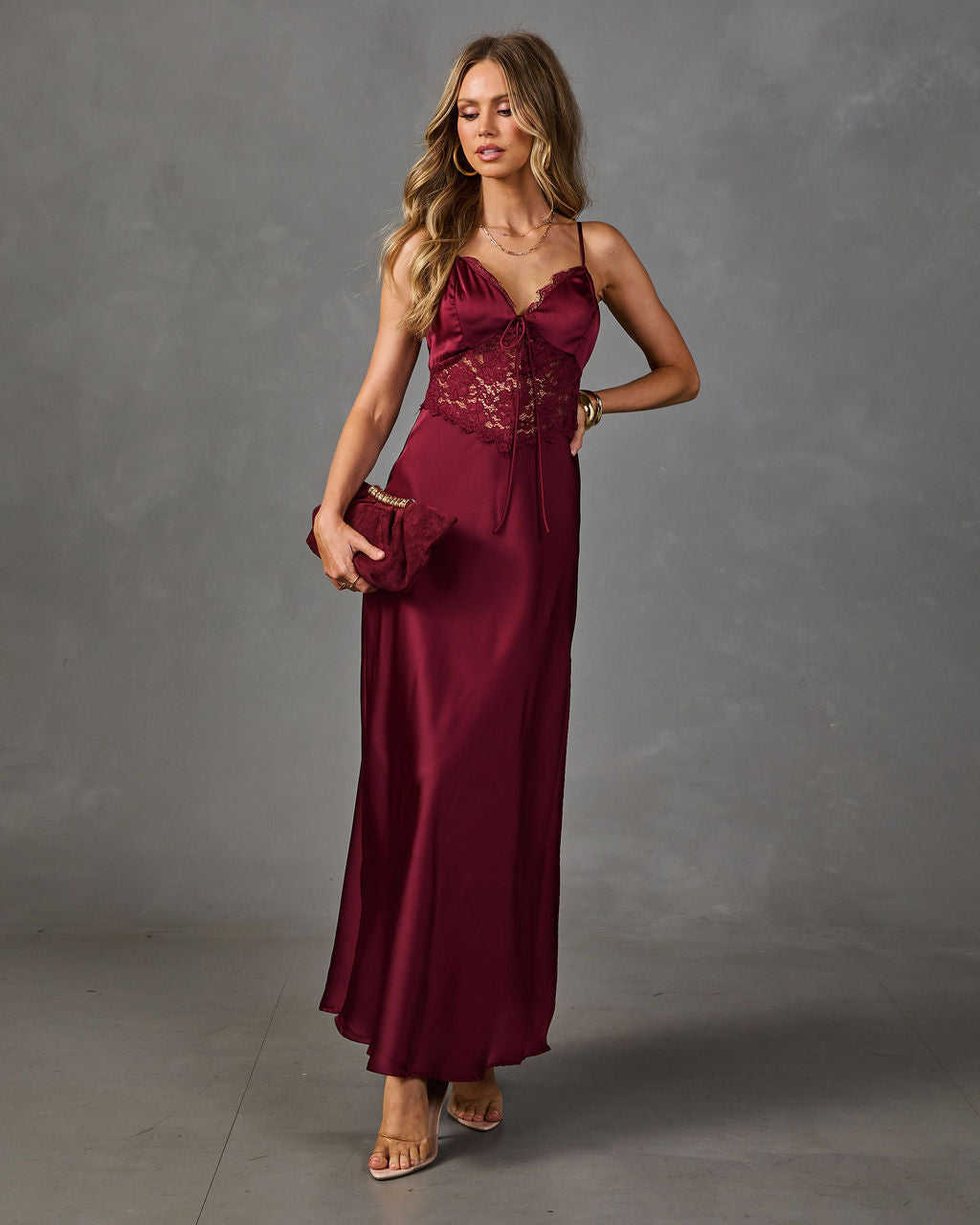Amour Affair Satin Lace Maxi Dress