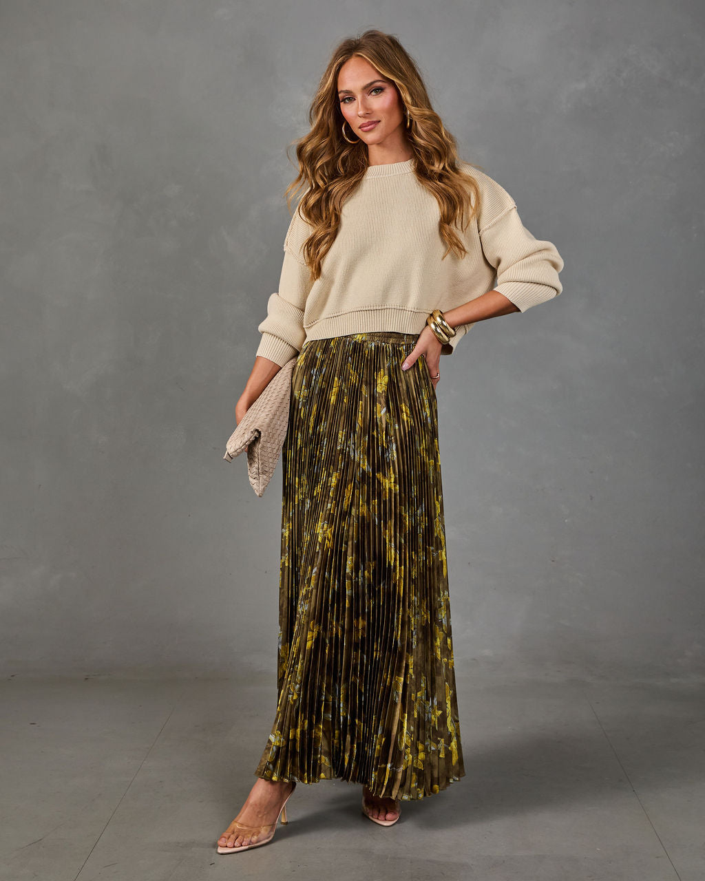 Autumn Reverie Pleated Floral Satin Maxi Skirt