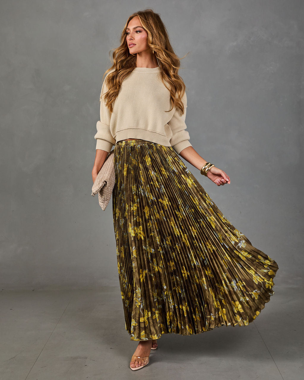 Autumn Reverie Pleated Floral Satin Maxi Skirt
