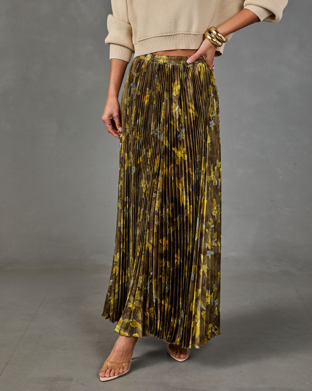 Autumn Reverie Pleated Floral Satin Maxi Skirt