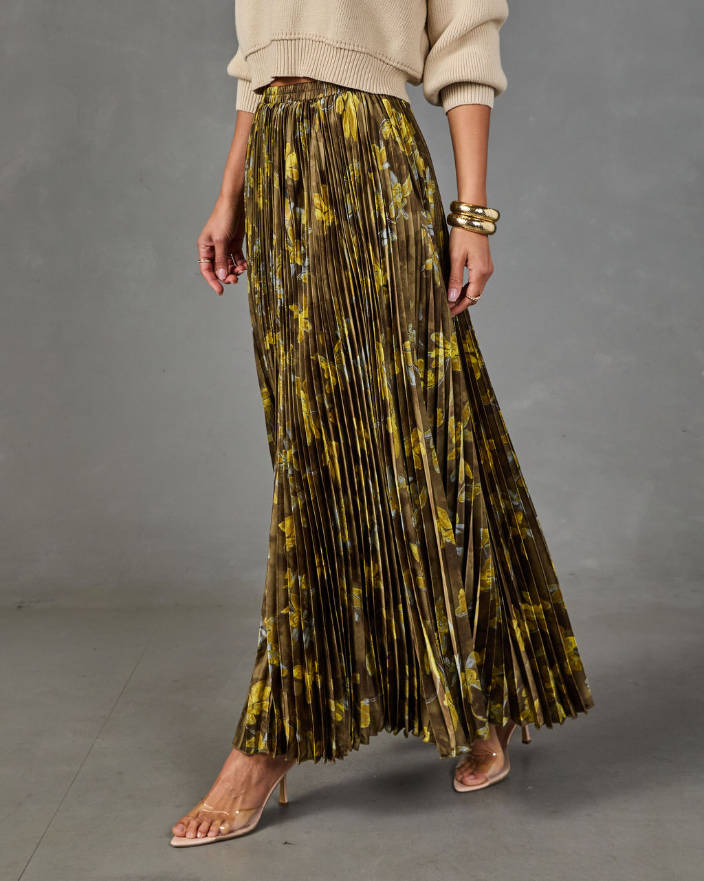 Autumn Reverie Pleated Floral Satin Maxi Skirt