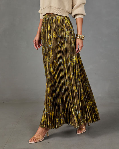 Autumn Reverie Pleated Floral Satin Maxi Skirt